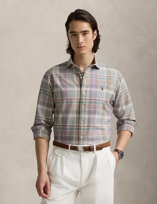 CUSTOM FIT TATTERSALL OXFORD SHIRT KHAKI GREEN MULTI