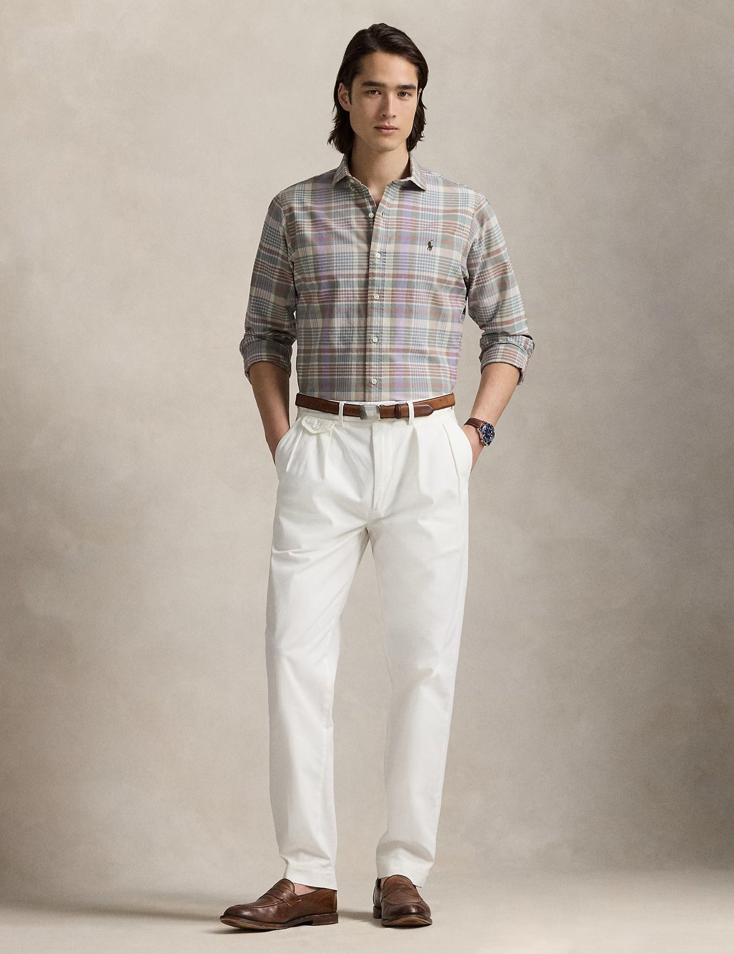 CUSTOM FIT TATTERSALL OXFORD SHIRT KHAKI GREEN MULTI