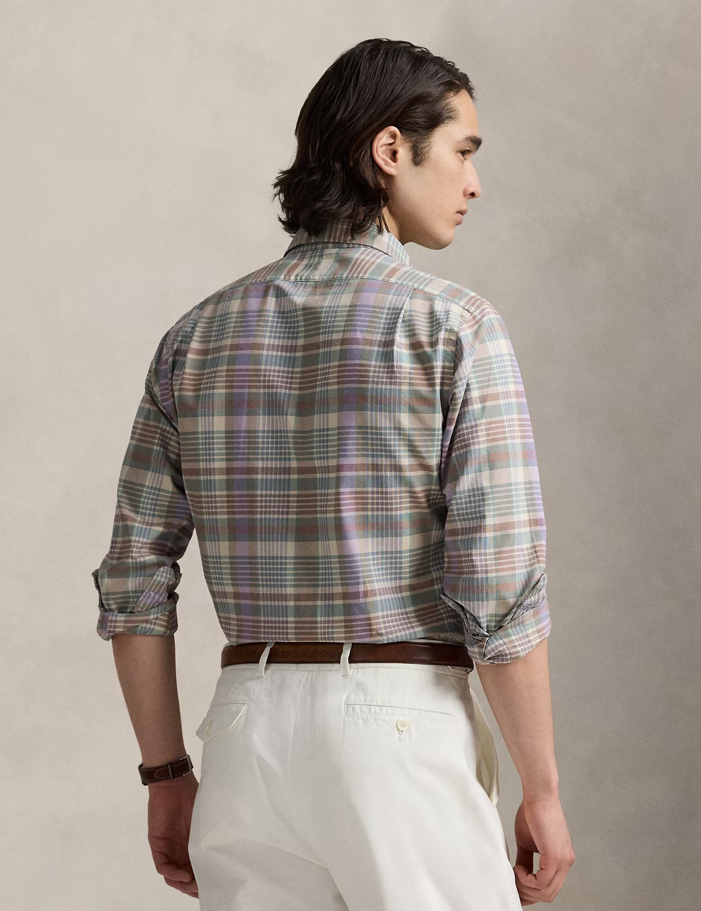 CUSTOM FIT TATTERSALL OXFORD SHIRT KHAKI GREEN MULTI