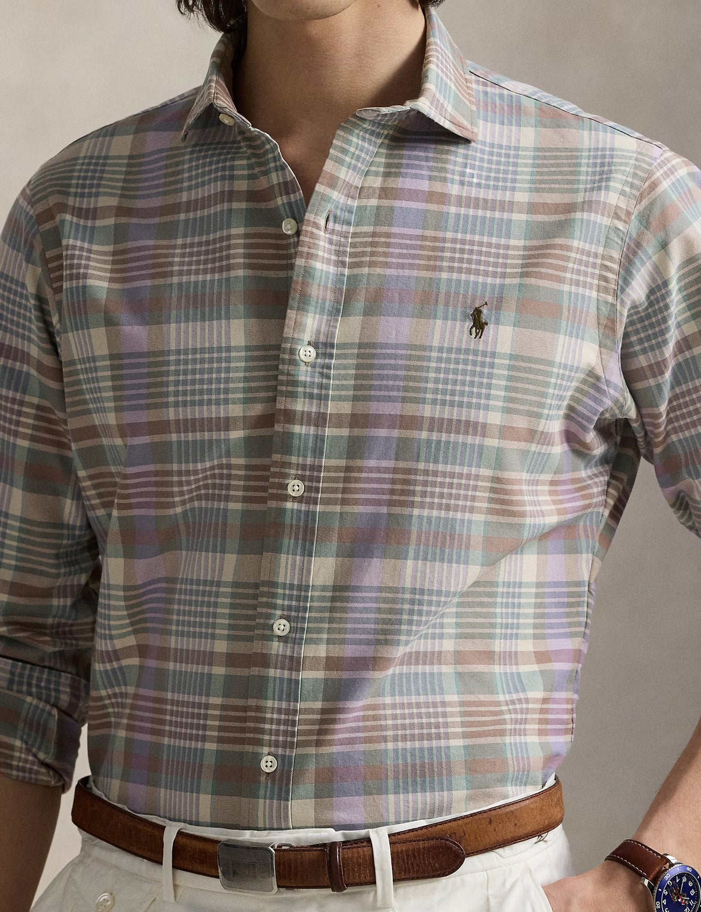 CUSTOM FIT TATTERSALL OXFORD SHIRT KHAKI GREEN MULTI