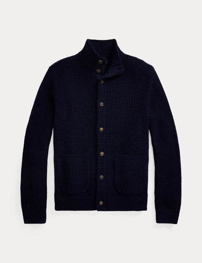 WAFFLE-KNIT WOOL-COTTON CARDIGAN HUNTER NAVY