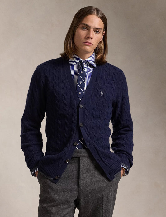 Cable-Knit Wool-Cashmere Cardigan Blue