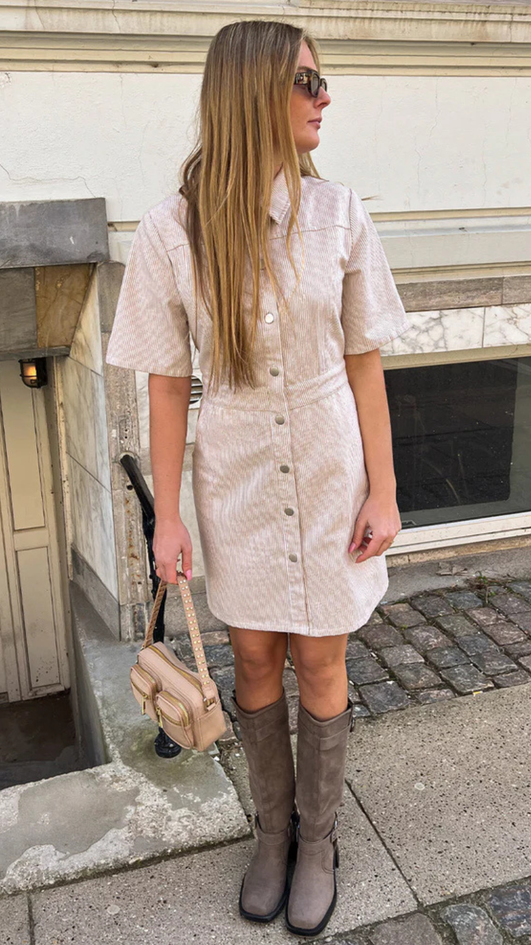 BENITA DRESS BEIGE/WHITE