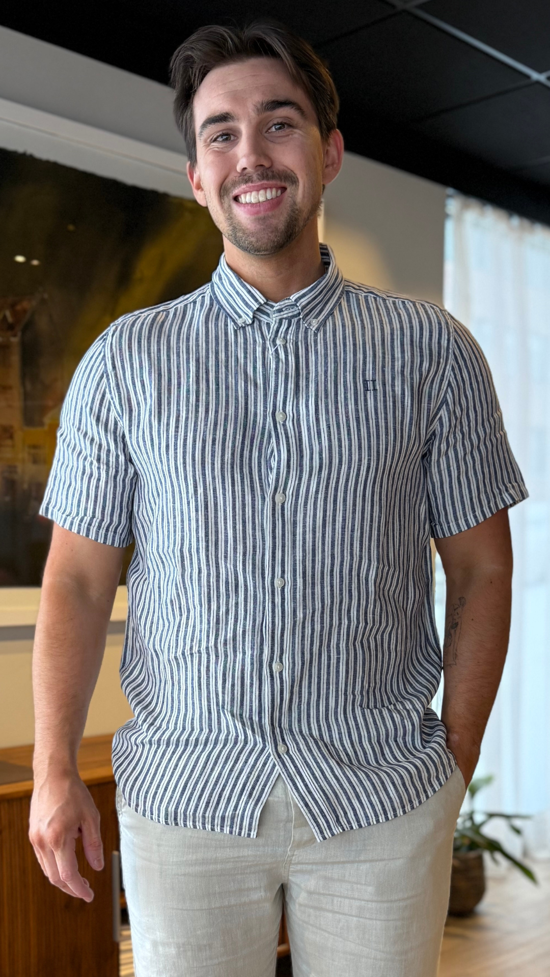 KRIS LINEN SS SHIRT LIGHT IVORY/BLUEPRINT