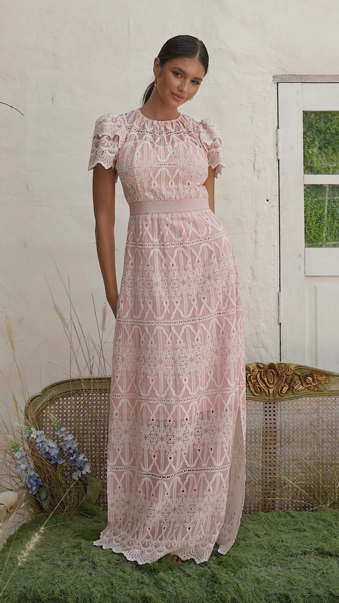 PHILINE MAXI DRESS PINK EMBROIDERY