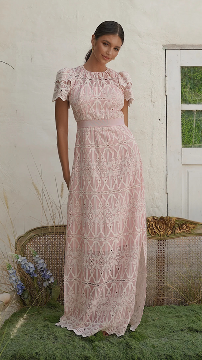 PHILINE MAXI DRESS PINK EMBROIDERY