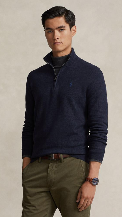 Mesh-Knit Cotton Quarter Zip Jumper Navy
