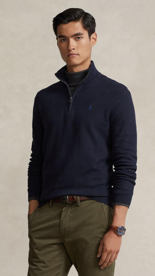 Mesh-Knit Cotton Quarter Zip Jumper Navy