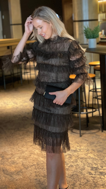 Carmine frill mini lace dress