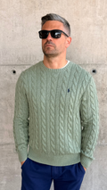 CABLE-KNIT COTTON JUMPER FERN GREEN HEATHER