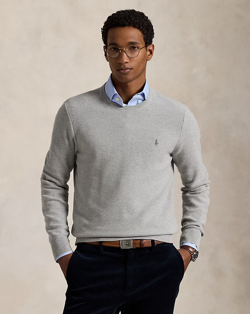 MESH-KNIT COTTON CREWNECK JUMPER HEATHER GREY