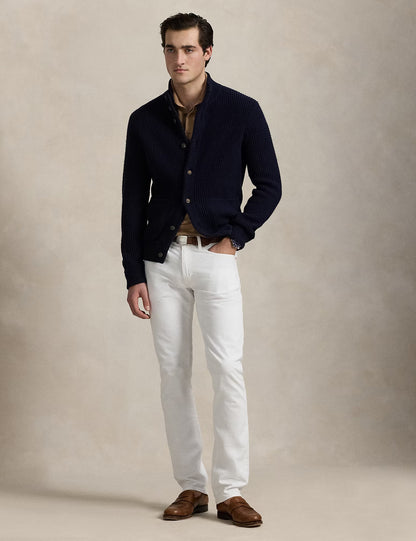 WAFFLE-KNIT WOOL-COTTON CARDIGAN HUNTER NAVY