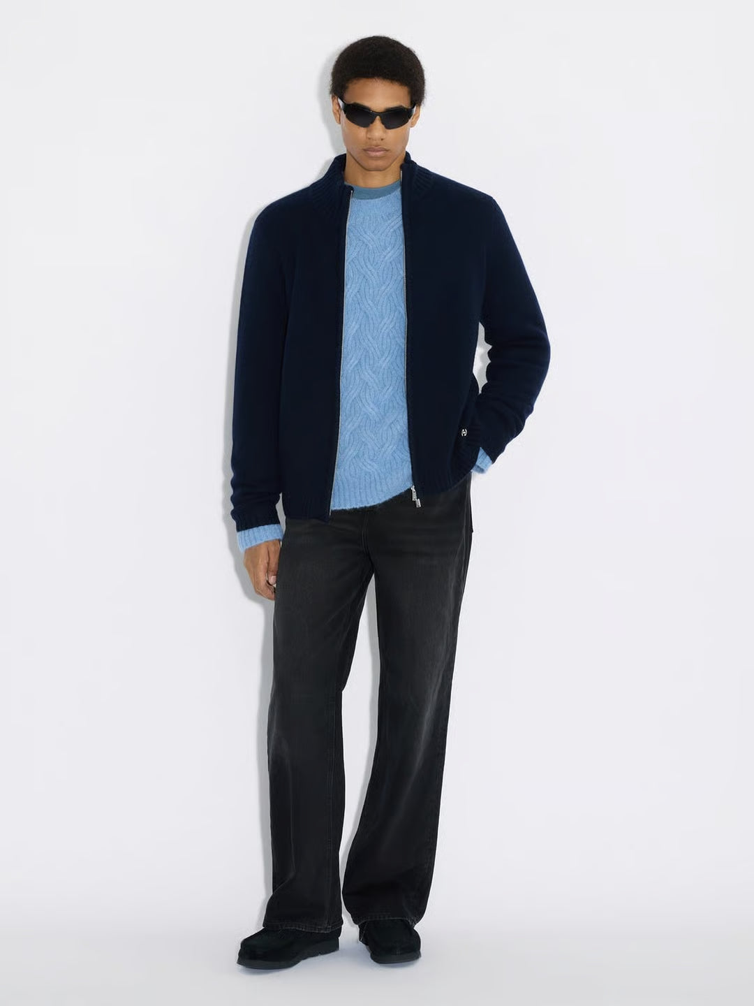 ZIP-UP WOOL CARDIGAN - BLÅ