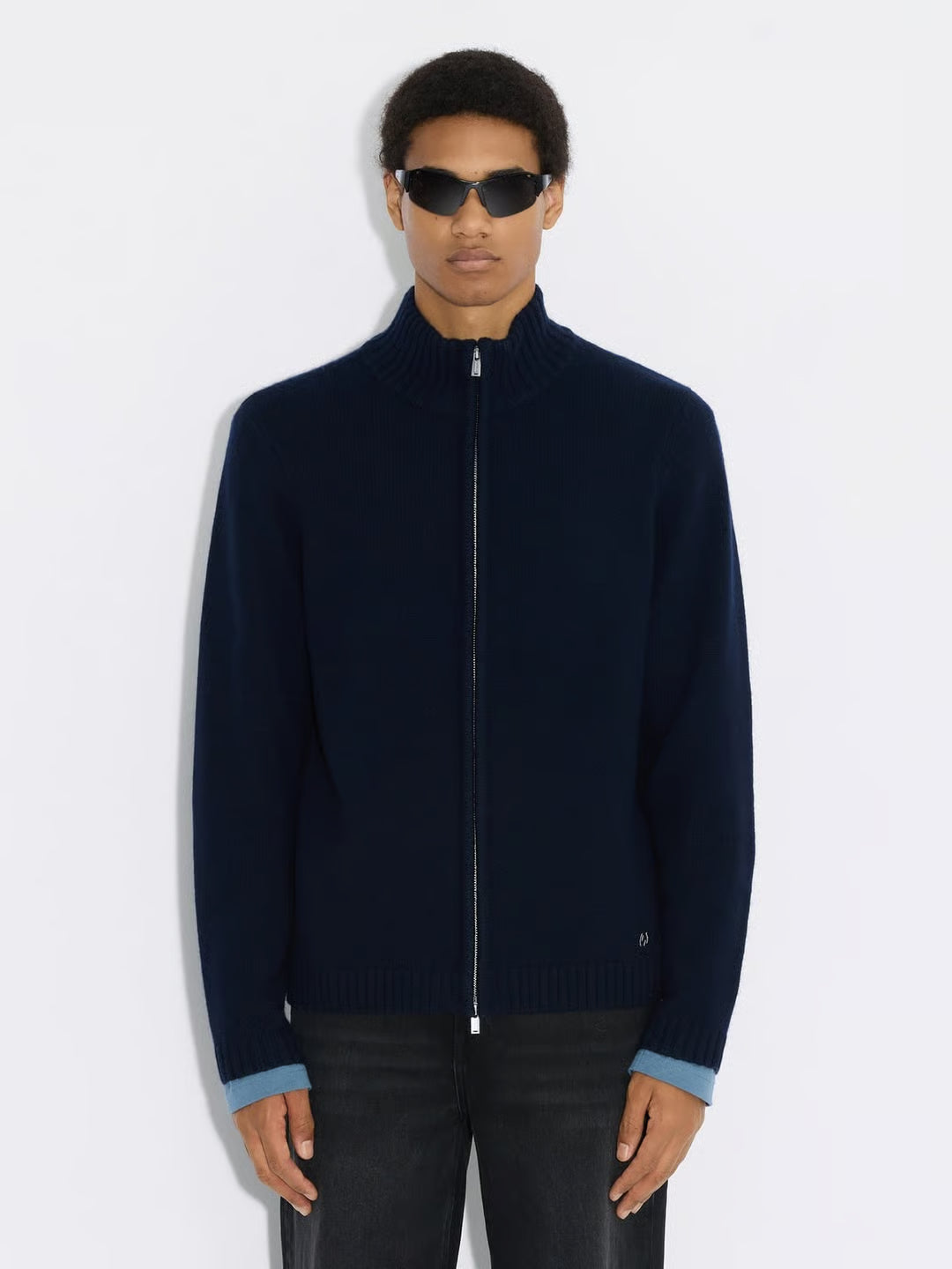 ZIP-UP WOOL CARDIGAN - BLÅ