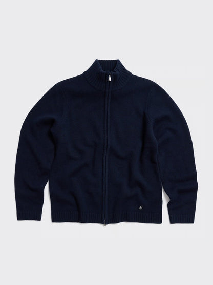 ZIP-UP WOOL CARDIGAN - BLÅ