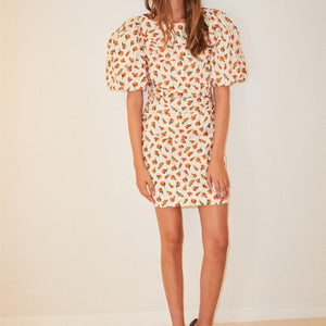 SANDRINE PRINT PUFF KJOLE HVIT